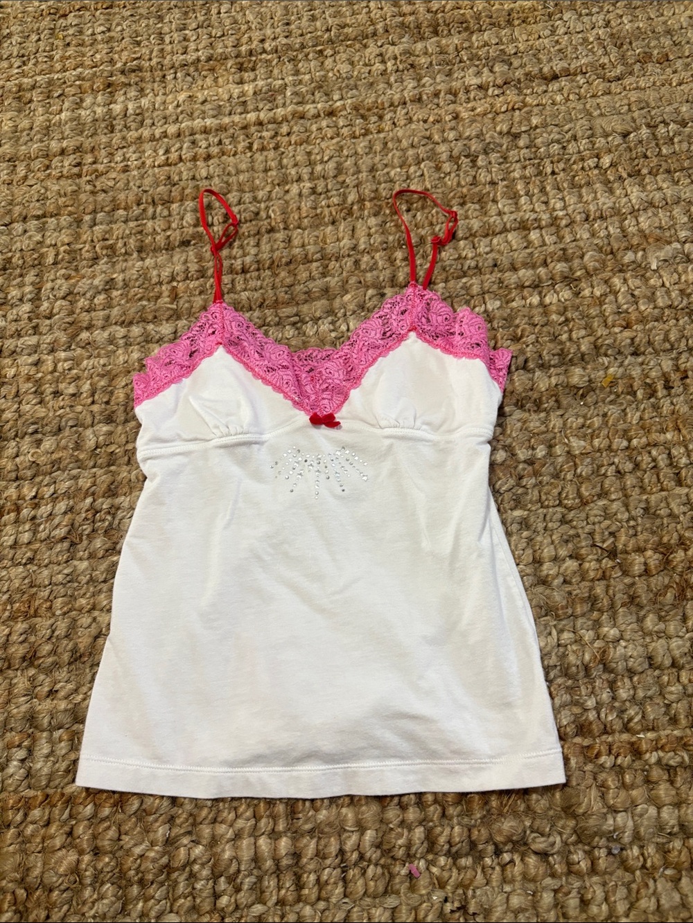 PINK Victoria's Secret White Camisole with Pink Lace and Red Straps